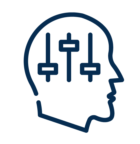 Head outline with three sliders representing mental control or settings.
