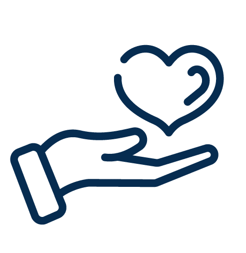 Hand holding a heart symbol representing care.
